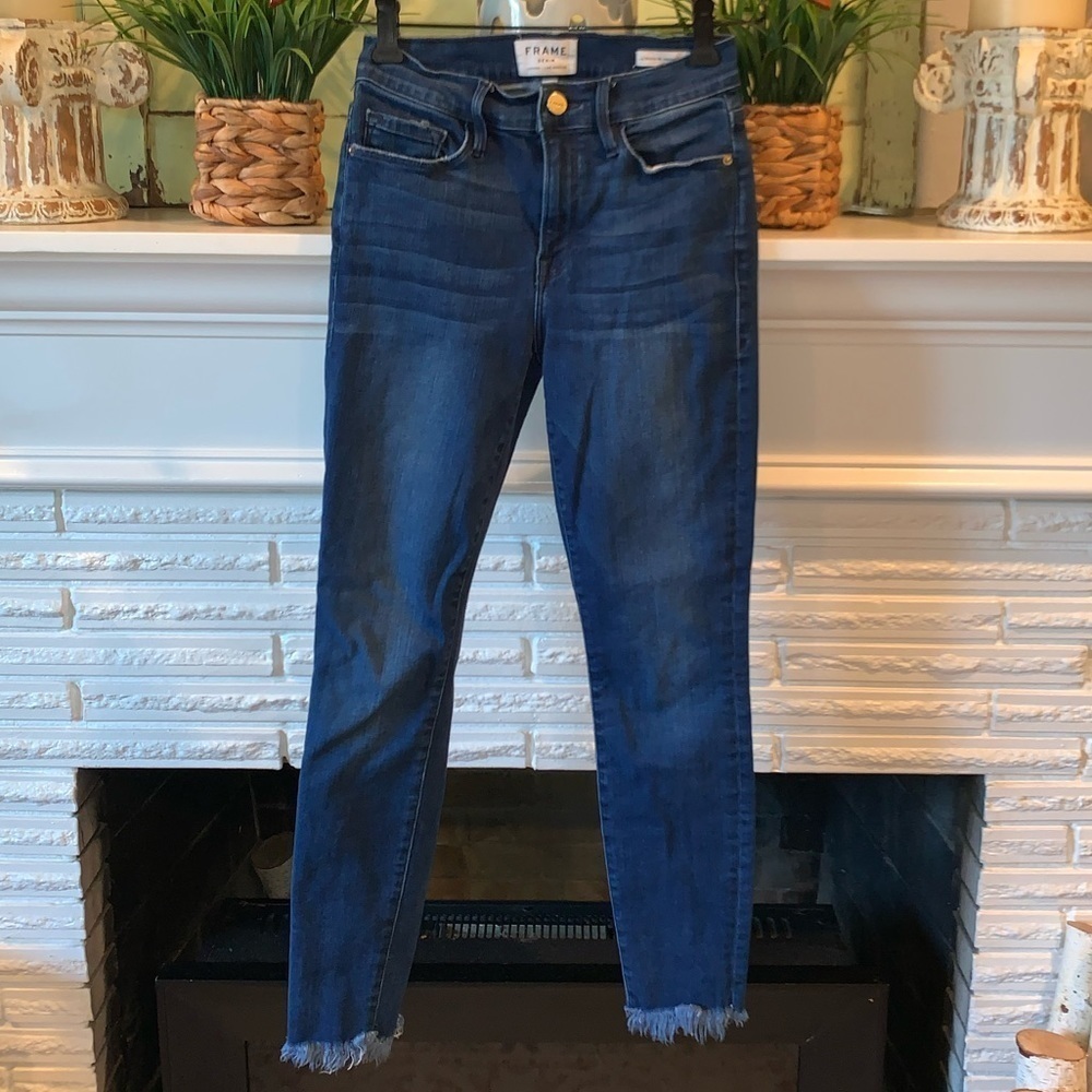 FRAME Dark Blue High Waist Stretch Skinny Jeans Frayed Hems Size 27